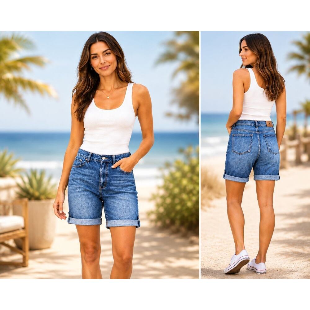 Lauren Jeans Co Ralph Lauren Denim Bermuda Shorts Women Size 8 Blue Cuffed